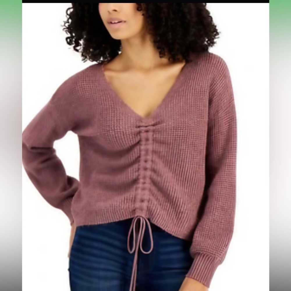Cotton Emporium mauve- colored knit with a tie - front ruched detail sweater